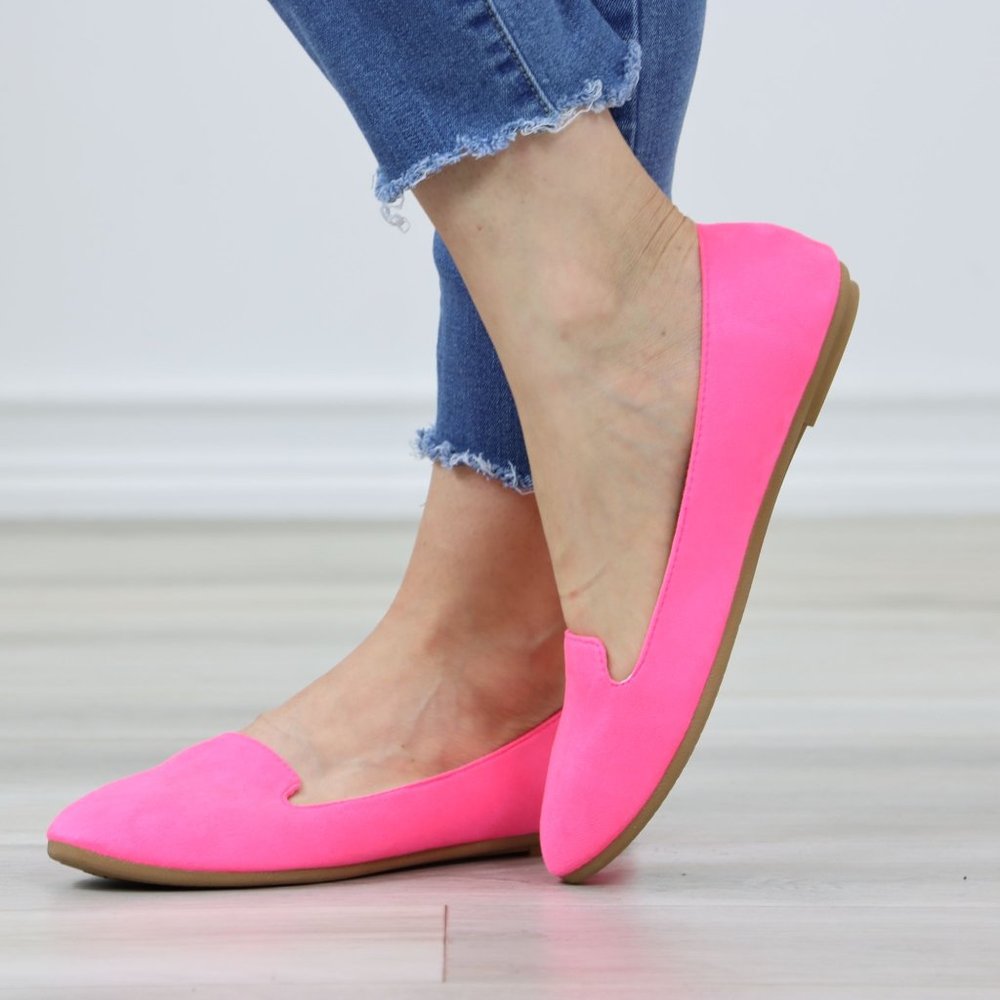 Neon Pink Faux Suede Rounded Toe Slip On Flat Shoes - Picture 8 of 12